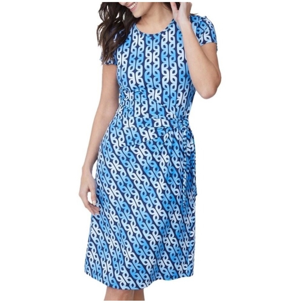 J. McLaughlin Elora Dress Women S Blue Geometric Stretch Catalina Cloth Tie Side